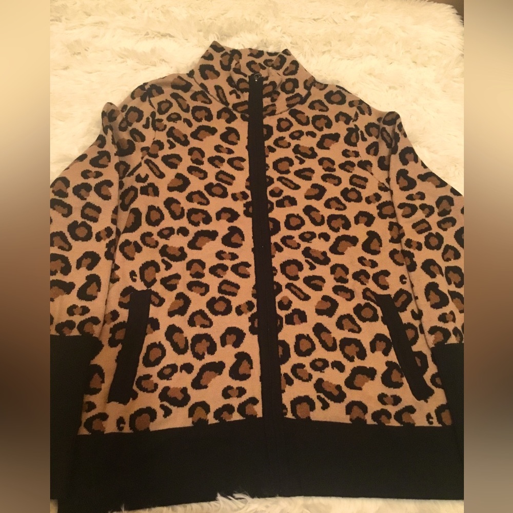 RACHEL ZOE Leopard Print Mock Neck Zip Front Sweater Women's Size Medium